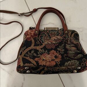 Vintage Carpet Bag Floral Tapestry Satchel with Brown Leather Handles and long S